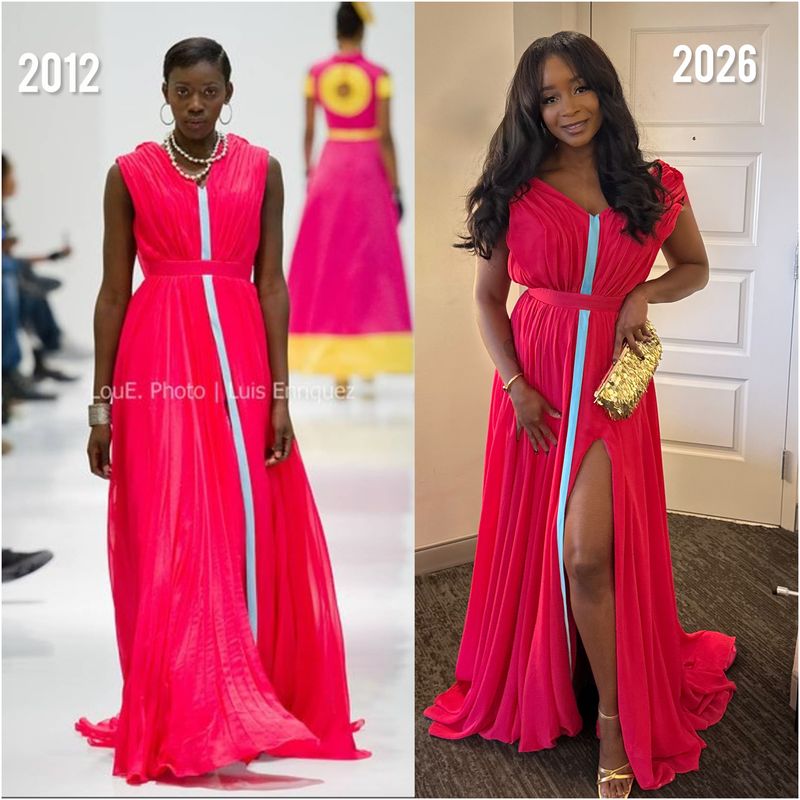 Side-by-side photos of the same pink gown with a pale blue stripe. Left, labelled 2012: a model wears it on the runway. Right, labelled 2026: Jennifer Sears wears it.